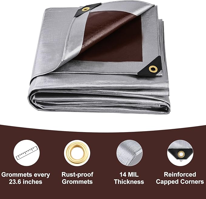 Sunvigor Tarp Waterproof 10x20Ft, Heavy Duty Tarp Cover Extra Thick 14 Mil Tear and UV Resistant, Outdoor Tarps with Grommets and Reinforced Edges for Roof, Camping, Patio, Pool, Boat (Silver/Brown)