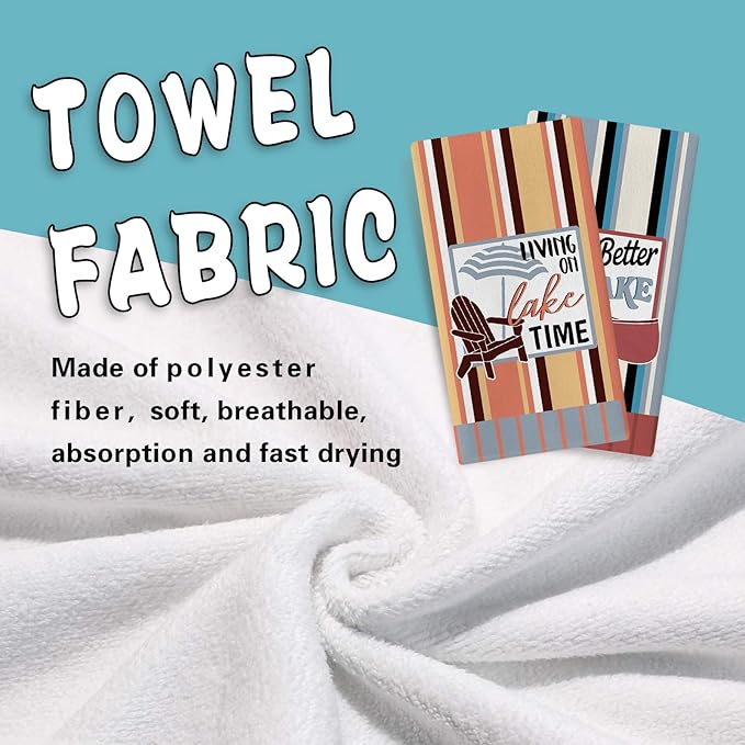 Life is Better at The Lake Kitchen Dish Towels Set of 2, Lakehouse Boat Chair Cabin Drying Hand Towel Baking Cooking Cloth, Farmhouse Stripes Bathroom Home Decoration 18'' x 26''