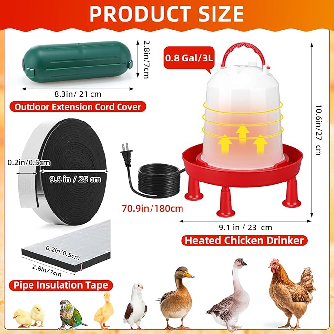 3 Pcs 0.8 Gallon 3l Heated Chicken Waterer Kit, Anti-Freeze Poultry Drinker for Spring Cold Nights with Outdoor Extension Cord Safety Cover, Insulation Tape, Waterer for Small Flocks