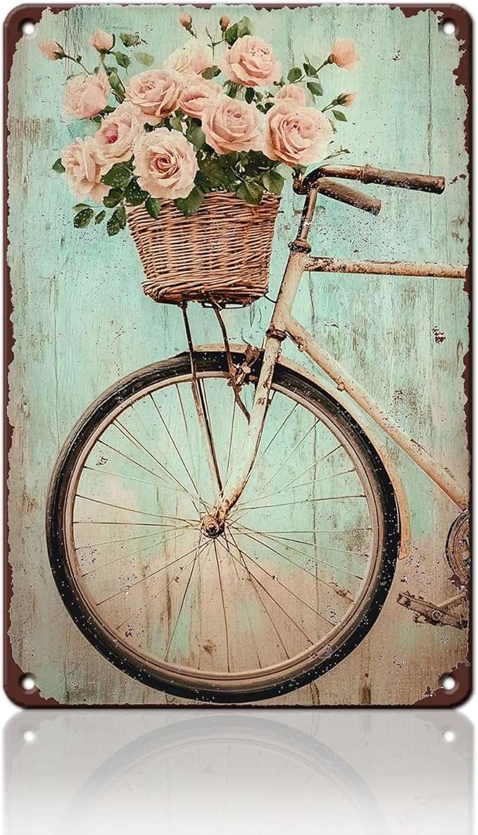 Bike Vintage Tin Sign Bike with Flower Red Rose Funny Tin Sign Summer Wall Decor Farmhouse Decor for Home Cafes Office Store Pubs Club Sign Plaque Metal Tin Sign 12x16inch