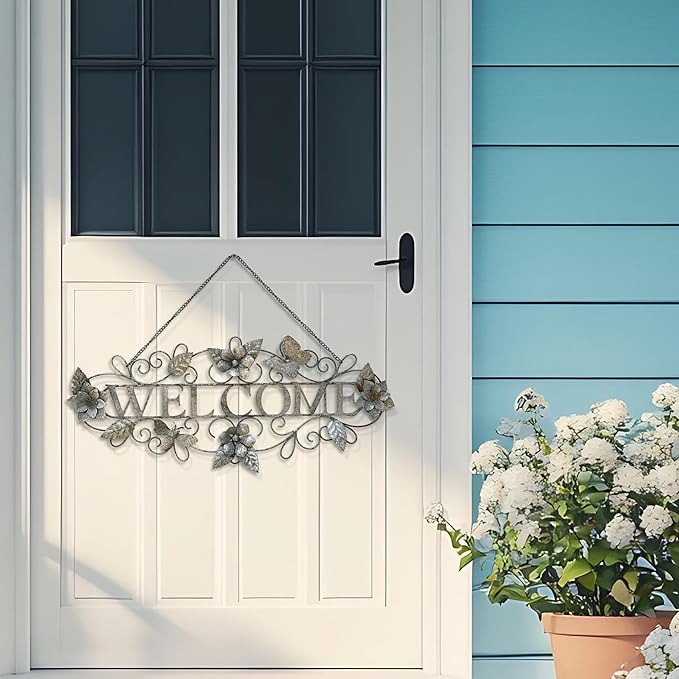 Queltharion Metal Welcome Wall Decor Rustic Farmhouse Distressed Flower and Butterfly Welcome Sign Hanging Decorative for Garden Porch Patio Yard Outdoor 23.5" L Blue