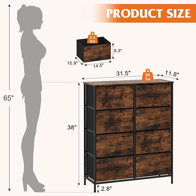 WelFurGeer 8 Drawer Fabric Dresser with Sturdy Metal Frame, Tall Dresser with Fabric Bins, Storage Chest of Drawers for Bedroom, Closet, Kids Room Organization, Rustic Brown Wood Grain Print