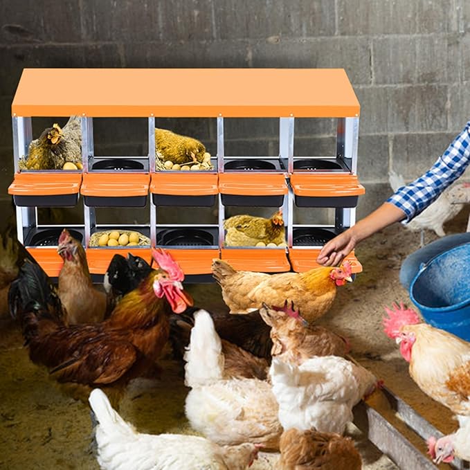 GarveeHome 2-Tier Chicken Nesting Box, 10 Compartment Metal Chicken Laying Boxes with Waterproof Roof ＆ Removable Trays for Hens, Poultry，Easy Egg Collection