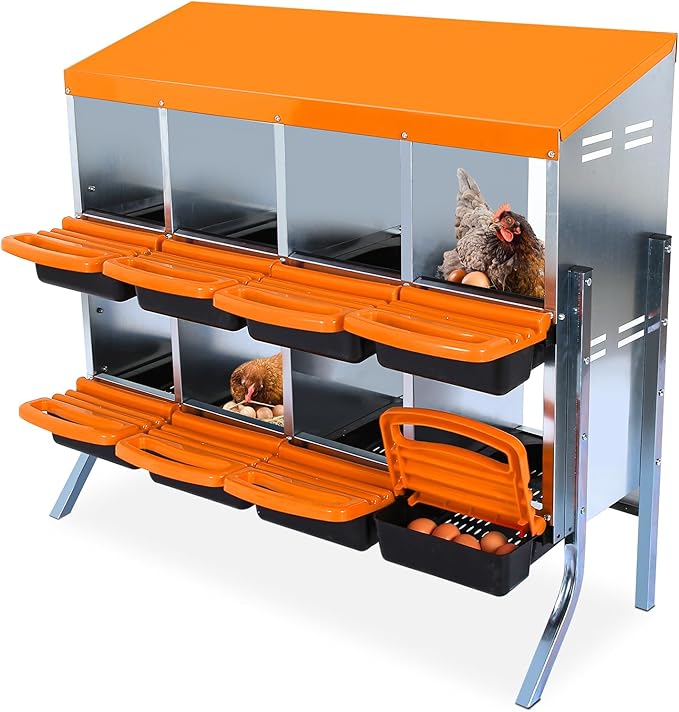 Chicken Nesting Boxes, Roll Away Nesting Box 8 Hole Metal Chicken Egg with Leg for Chicken Coop, Swing Perch and Rollout Egg Collection, Orange