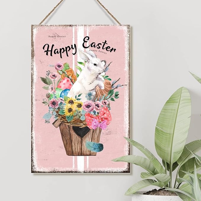 Wooden Sign Plaque French Style Floral Pink Stripes Sign Happy Easter Flower Basket Bunny Wall Art Decor Bunny Rabbit Happy Easter Wood Wall Art Sign for Living Room 8x12in