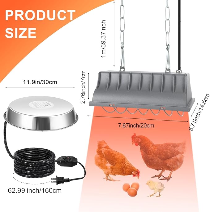2 Pcs Chicken Coop Heater Set, Adjustable Chicken Heater 90w to 175w and Stainless Steel Water Heated Base Poultry Radiant Heater Chicken House Heating Accessories for Chick Pet Dog Cat