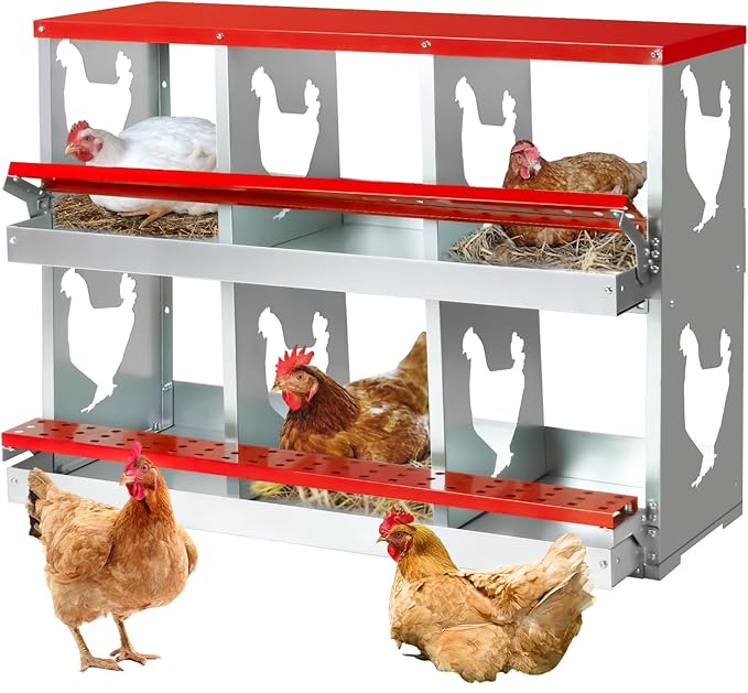 Chicken Nesting Box for Laying Eggs,Wall-Mountable Chicken Coop Nesting Boxes,6 Hole Roll Away Nesting Boxes,with Large Vented Holes,for Chickens,Ducks,Large Egg Laying Boxes (Red 6 Hole)