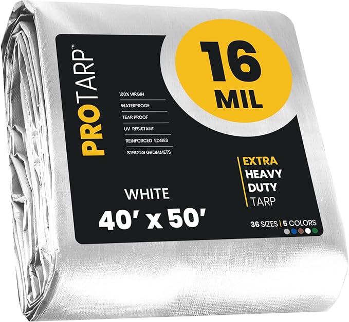 PROTARP Extra Heavy Duty 16 Mil Tarp Cover, Waterproof, UV Resistant, Rip and Tear Proof, Poly Tarpaulin with Reinforced Edges for Roof, Camping, Patio, Pool, Boat. (White 40′ X 50′)