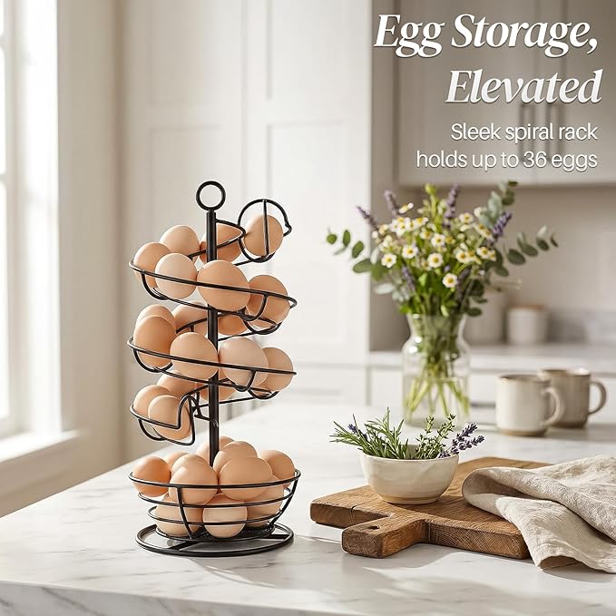 Flexzion Metal Egg Skelter Countertop Egg Holder - Sturdy Black Spiral Egg Holder with Bottom Basket and 360-Degree Rotatable Middle Pole Up to 36-Egg Capacity, Egg Storage Rack Solution