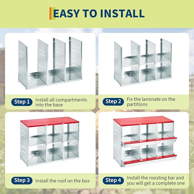 Heavy Duty Metal Chicken Nesting Box – 6 Compartments, Rollaway Egg Collection, Ventilated, Resting Perch, Wall Mounted/Floor, Easy Clean, Red Covered, 96×48×71cm, with Cover