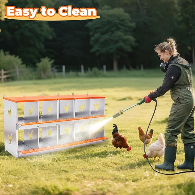 Chicken Nesting Box, 10 Compartment Metal Nesting Boxes for Chickens, Wall Mountable Chicken Laying Boxes, Easy Egg Collection, with Nesting Pads, Indoor & Outdoor Use, 53" L x 17" W x 25" H