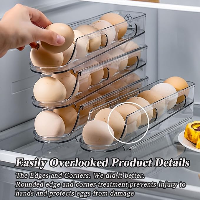 Automatic Rolling Egg Holder for Fridge Clear Countertop Kitchen Storager Container Organizer Dispenser for Refrigerator Stackable Removable, Egg Accessories - (2 pcs of 1-Tire, Stackable)