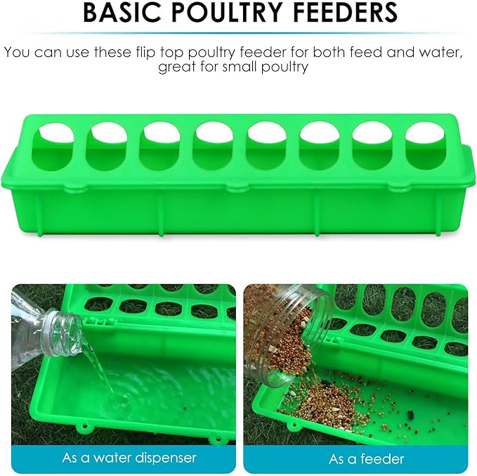 Flip Top Chick Feeder Trough Plastic Flip Top Bird Small Poultry Feeder Chicken Pigeon Duck Quail Feeder Waterer Small Chicken Feeders No Waste No Mess (Green)