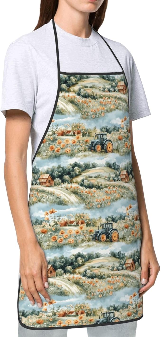 Chef Aprons for Men and Women - Village Flower Tractor Print Oil-Resistant Bib Aprons for Cooking or Grilling BBQ Kitchen
