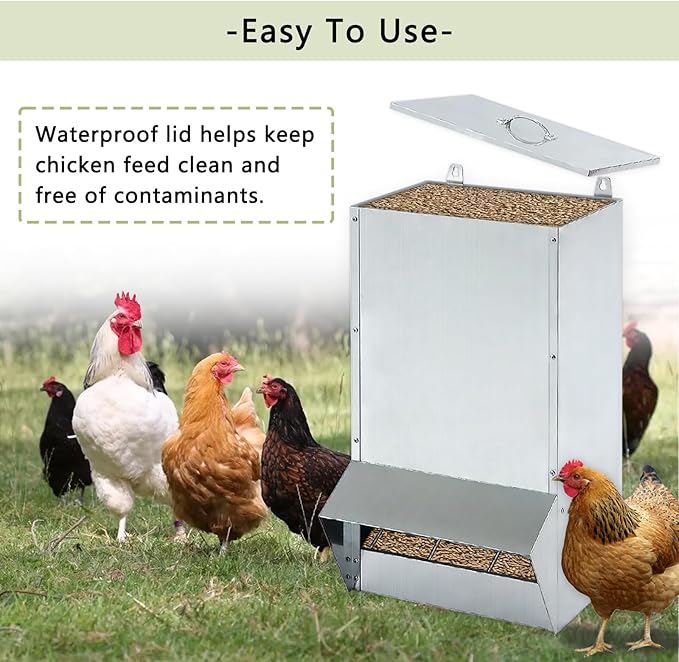 30lbs Capacity Galvanized Chicken Feeder,Outdoor Poultry Feeder with Weatherproof Lid,Hanging Chicken Feeder, Coop Food Dispenser
