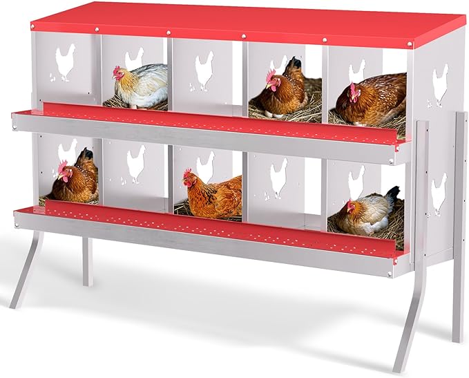 Chicken Nesting Box,10 Compartment Metal Poultry Nest Box Wall Mount, Metal Roll Away Eggs Laying Boxes with Legs, Easy Egg Collection, Easy Cleaning,10 Room Chicken Coop for Hens