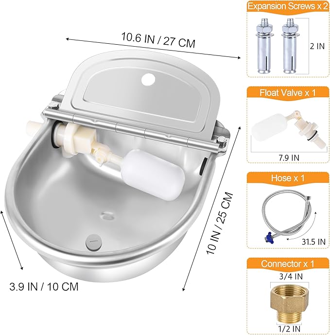 MYFAMIREA Automatic Animal Drinking Water Bowl Stainless Steel Waterer Feeder Farm Dog Dispenser Kit Self Filling for Livestock Horse Goat Water Trough with Float Valve Drain Hole Hose Adapter Bolts