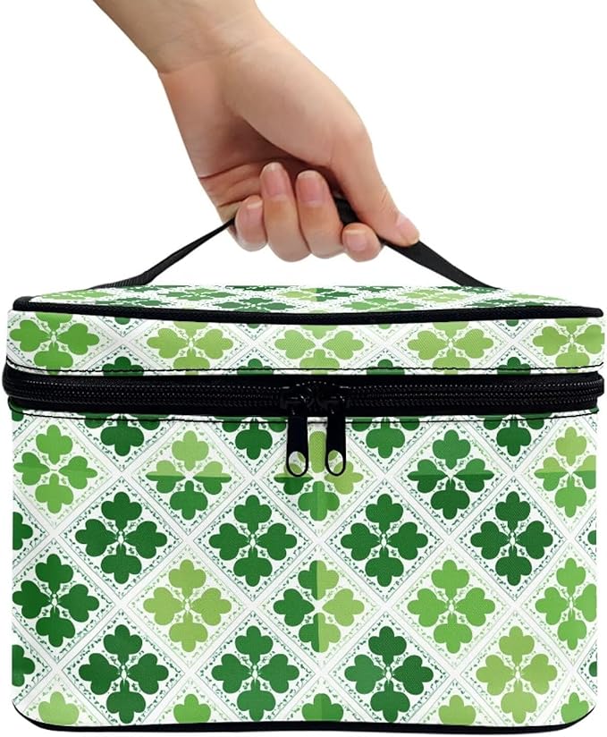 Travel Makeup Bags for Women Portable Tote Cosmetic Case with Carry Handle Toiletry Accessories Storage Organizer Bags for St. Ptrick's Day, Shamrock Grids Green