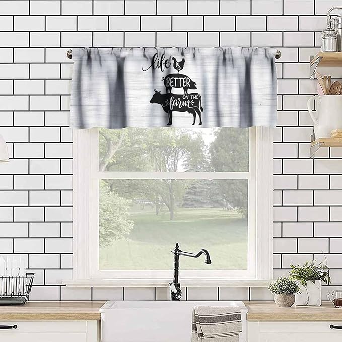 Farm Animals Valance Curtains White Rustic Retro Wooden Board Black Silhouette Cow Pig Rooster Art Print Rod Pocket Curtain Valance for Kitchen Bedroom Living Room Decor 1 Panel W54xL18 Inch