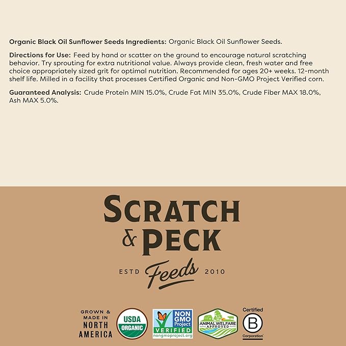 Scratch and Peck Black Oil Sunflower Seeds Chicken and Duck Treat - 25 lbs Bag - 15% Protein, Certified Organic and Non-GMO Project Verified Chicken Food