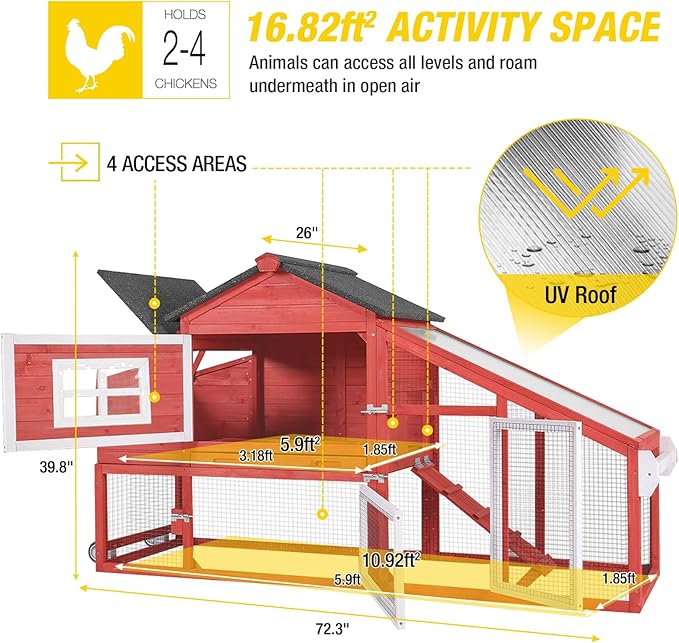 Aivituvin Mobile Chicken Coop with Wheels for 2-4 Chickens, Backyard Expandable Chicken House Duck Cage with Run, 2 Nesting Boxes, Easy Clean Pull-Out Tray, Leak-Resistant Asphalt Roof, 72.3"(Red)