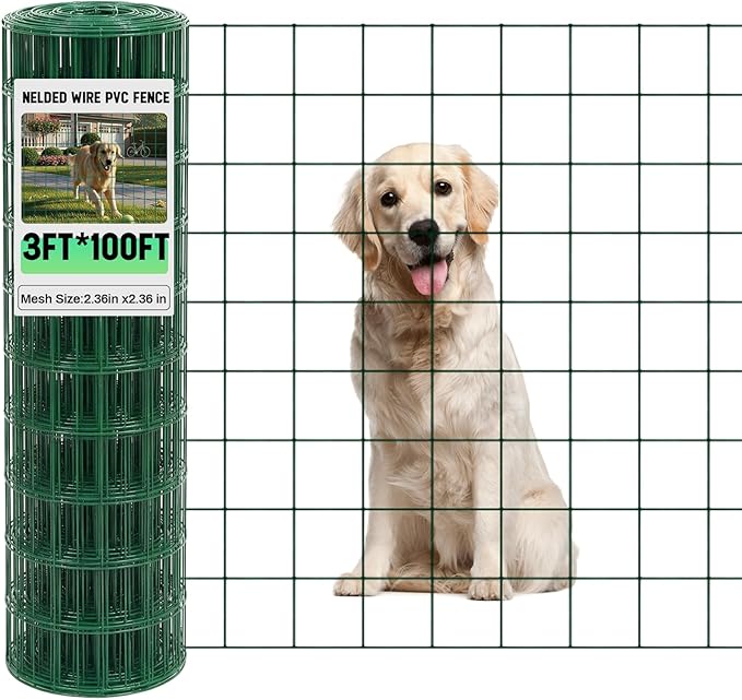 Gisafai Galvanized Welded Wire Fence 3 ft x 100 ft for Dog Chicken Hog Deer Goat Cattle 16GA Garden Border PVC Coated Fencing Roll Border Yard Vegetable Plant Animals Protection Poultry Netting(Green)