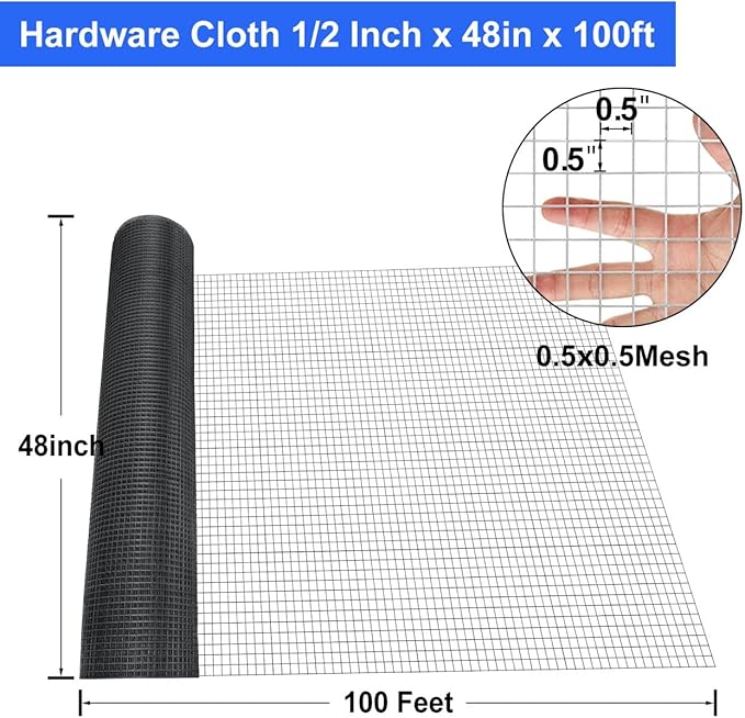 Land Guard 48 inch×100 ft Black Vinyl Coated Hardware Cloth, 19 Gauge 1/2 inch Black PVC Hardware Cloth, Black Welded Wire Fence Supports Poultry Netting Cage Fence…………