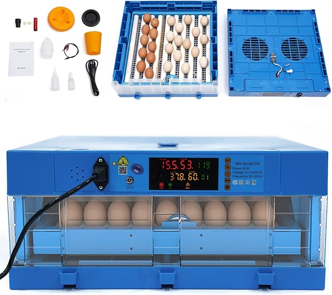 Digital Incubator 48 Chicken Eggs Incubator Poultry Hatcher Machine 2 in 1 Incubator 360° Automatic Egg Turning Blue 80W for Farm Home