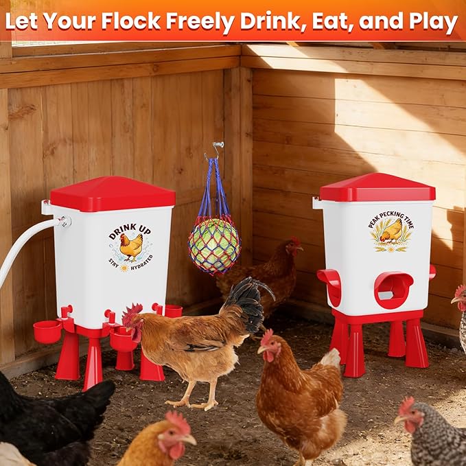 3 Gallon Chicken Feeder and Waterer Set, Large Chick Water with Automatic Float Valve, No Waste Poultry Feeding and Watering System, 4 Cups & 3 Ports, Chicken Coop Accessories for Pigeons/Quail (Red)
