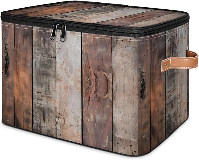 Wood Grain Board Storage Bins with Zipper Lid Fabric Storage Containers for Clothes Collapsible Closet Storage Basket with Metal Frame 1 Pack