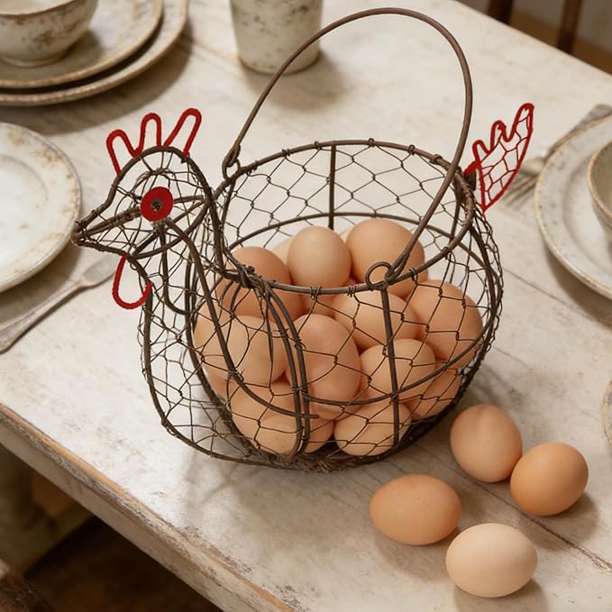TAIANLE. Wire Chicken Egg Basket for Gathering Fresh Eggs, Rustic Rooster Shaped Egg Collecting Basket for Farm Fresh Eggs with Handle, Kitchen Countertop Storage, Vintage Farmhouse Decor Organizer