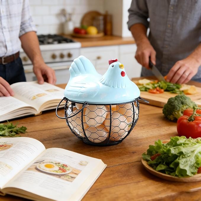 Egg Storage Organizer for Kitchen Countertop, Ceramic Chicken Lid with Wire Basket Dispenser, Black Chicken Egg Holder for Fresh Eggs, Rustics Egg Dispenser Rack for Farmhouse Decor (Blue)