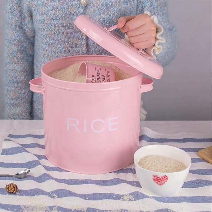 Rice Storage Container Metal Plate Rice Bucket Household Flour Bucket Rice Pot Cute Pink Storage Pot Kitchen Utensils Tools Rice Storage Container for Kitchen (Color : Pink, Size : 21.5x24cm)