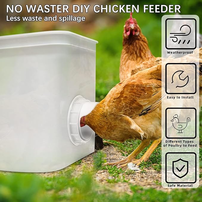 Chicken Feeders No Waste 12 Ports, DIY Poultry Feeder with 12 Covers 1 Hole Saw, Rain Proof Automatic Gravity Chicken Feeder Kits for Buckets, Barrels, Bins, Troughs (White)