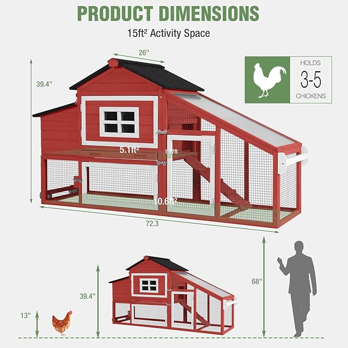 Mobile Chicken Coop with Run, Large Hen House Poultry Cage with Wheels, Nesting Box, Pull-Out Tray, Waterproof Roof, Red, 72.3" L x 26" W x 39.4" H, for 3-5 Chickens