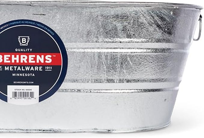 Behrens 16 Gallon Round Galvanized Weatherproof Steel Tub with Wire Handle and Offset Bottom for Indoor Home and Outdoor Garden Use, Silver