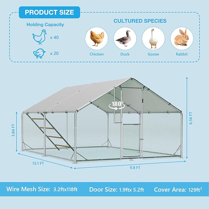 Metal Chicken Coop, Chicken Runs for Yard with Cover, Walk-in Chicken Run, Outdoor Chicken Pen, Heavy-Duty Galvanized Frame with Roosting Ladder,10x13x6.5FT