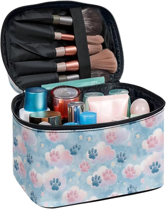 Travel Makeup Bags for Women Portable Tote Cosmetic Case with Carry Handle Toiletry Accessories Storage Organizer Bags for Valentine's Day, Cute Paws Blue