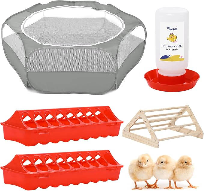 Pawaboo 5-in-1 Chicken Brooder Box for Chick Starter Kit, Includes Pet Cage Tent, Chicks Perch, Chicks Feeder, 1.1L Chick Waterer, Chicken Supplies (Brooder Set), Gray