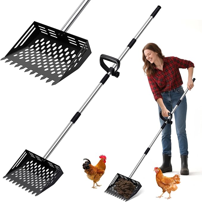 2-in-1 Chicken Poop Scooper & Rake, 38 to 66" Adjustable Stainless Steel Chicken Coop Scoop for Sand Chicken Litter Scoop with Handle Litter Sifting Shovel for Chicken Coops & Pet Waste