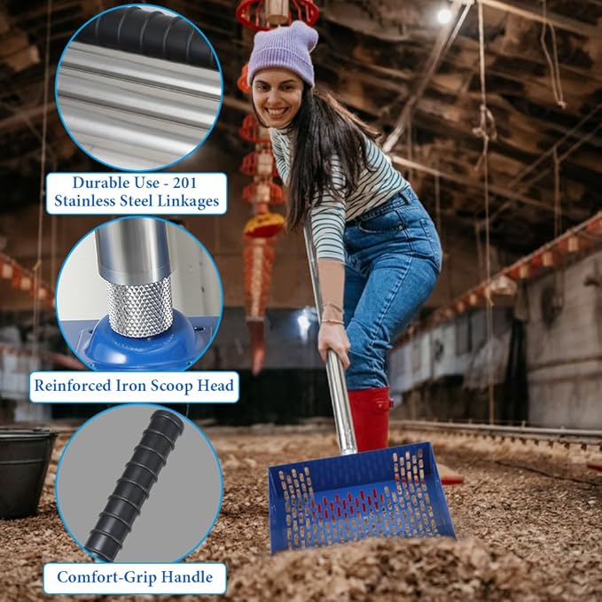 Heavy Duty Chicken Coop Rake and Scoop, 15 Inch Extra Large Chicken Coop Rake with Adjustable Stainless Steel Handle (25 to 73 Inch)，Metal Multi-Use Cleaning Shovel for Coops, Beach（Blue）