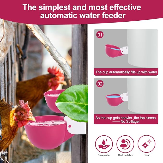 Chicken Waterer Cups (16 Pack/Purplish Red) - DIY Automatic Large Chicken Water Feeder for Ducks Quail and Various Poultry Dispenser with Matching Drill, Double Rubber Ring, Not Leaking Wate