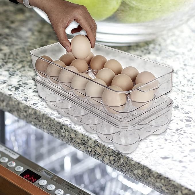 2 Pack 18 Egg Holder for Fridge - Plastic Stackable Egg Tray Holder With Lid - Egg Storage Container Organizer Bins with Air Hole and Handles for Refrigerator, Freezer, Pantry Organization - Clear