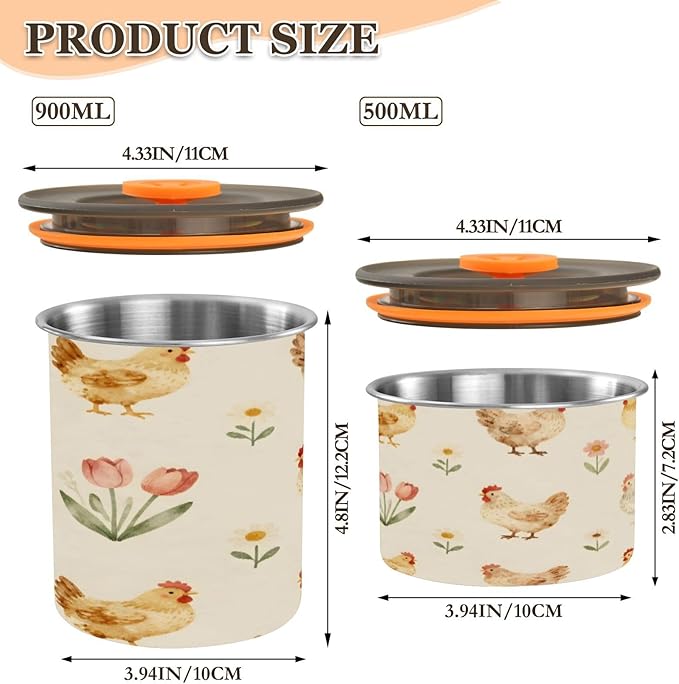 Farm Chickens and Floral Coffee Canister 30oz Stainless Steel Airtight Food Storage Container with Lid for Beans/Cereal Preserval