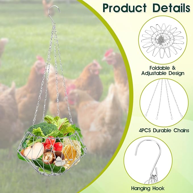 2PCS Hanging Chicken Feeders Baskets, Foldable Chicken Toys for Coop Vegetables Fruits Hanging Feeder, Vegetable Basket, Fruit Flower Basket with17inches Chain for Gooses Duck Farm House(2PCS)