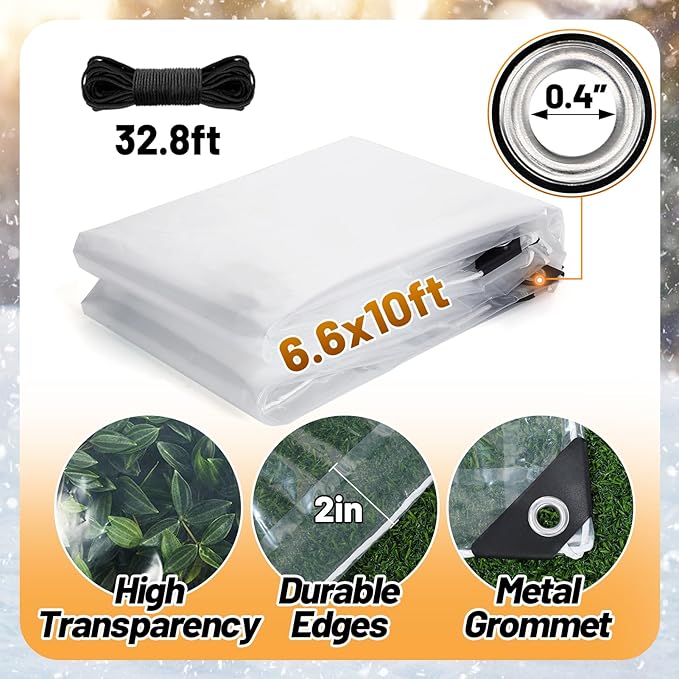 6.6x10ft Clear Tarp Heavy Duty Waterproof for Patio Winterizing - 5 mil Anti-Tear Snowproof & Windproof Clear Plastic Tarps with Grommets for Winter Garden Patio Enclosure Chicken Coop