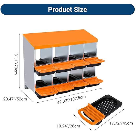 Chicken Nesting Boxes, 8 Hole Metal Chicken Laying Box with with Removable Trays and Roll Out Egg Collection for Chicken Coop, Orange