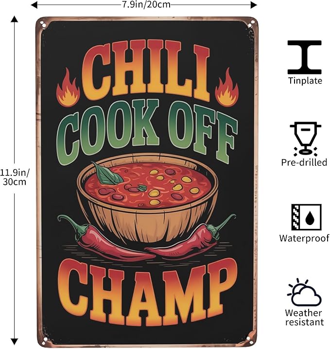 Novelty saying wall decor featuring Chili Cook Off Champ Cooking Spicy Texan Bowl O Red Southern Metal Tin Sign Kitchen Bar Decor Perfect For Hanging In 8x12 inch metal sign for home office wall