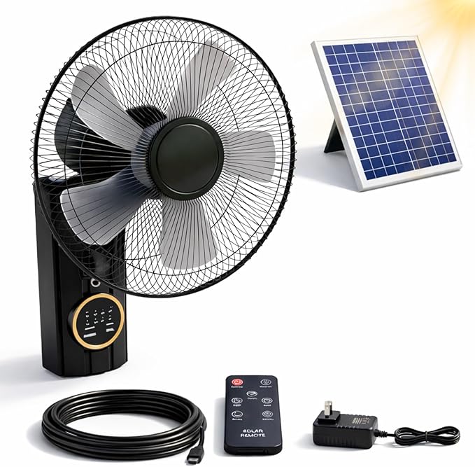 16" Wall Mounted Fan Waterproof, Solar Fans for Outside With Remote Control, Battery Powered Solar Greenhouse Fan, Heavy Duty Outdoor Fans for Patios 3 Speeds, 90° Tilt