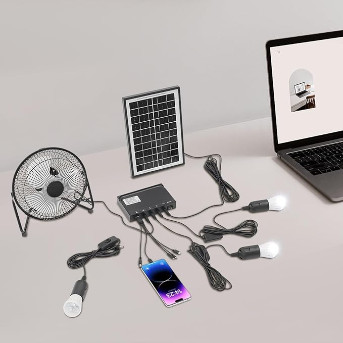 Solar Powered Fan with 3 Bulbs, Solar Powered Fan for Chicken Coop, Sheds, Pet Houses and Window Sill Ventilation, 5-in-1 Cables Included, Supports charging of mobile phones and digital cameras